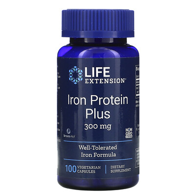 Life Extension Iron Protein Plus, 300 мг, 100 вегетарианских капсул