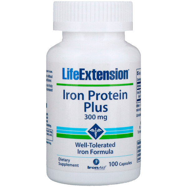 Life Extension, Iron Protein Plus, железосодержащий белок, 300 мг, 100 капсул