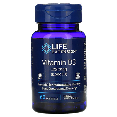 Life Extension витамин D3, 125 мкг (5000 МЕ), 60 мягких таблеток