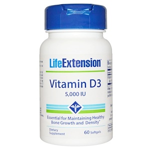 Life Extension, Витамин D3, 5000 МЕ, 60 гелевых капсул