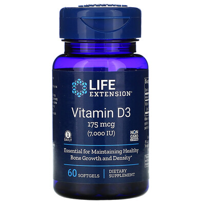Life Extension витамин D3, 175 мкг (7000 МЕ), 60 мягких таблеток