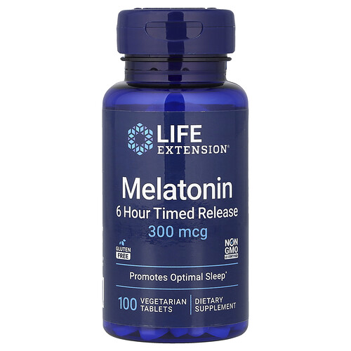 Melatonin 6 Hour Timed Release, 100 vegetarian tablets - 300 mcg (300 mcg, 100 vegetarian tablets), Life Extension