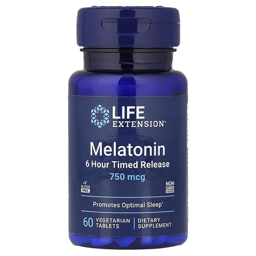 Melatonin 6 Hour Timed Release, 60 vegetarian tablets - 750 mcg (750 mcg, 60 vegetarian tablets), Life Extension
