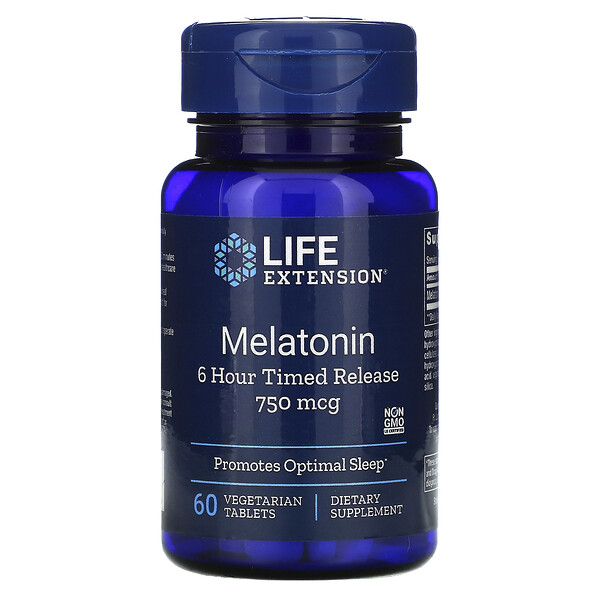 Life Extension, Melatonin, 6 Hour Timed Release, 750 mcg, 60 Vegetarian ...