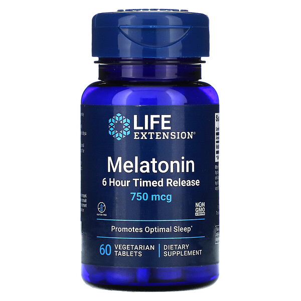 Life Extension, Melatonin, 6 Hour Timed Release, 750 mcg, 60 Vegetarian ...