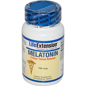 Купить Life Extension, Мелатонин, 6-часовое высвобождение, 750 мкг, 60 растительных таблеток  на IHerb