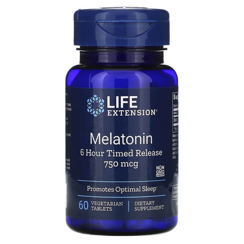 Life Extension, Melatonin, 6 Hour Timed Release, 750 Mcg, 60 Vegetarian ...