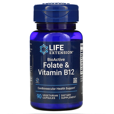 Life Extension биоактивные фолат и витамин B12, 90 вегетарианских капсул