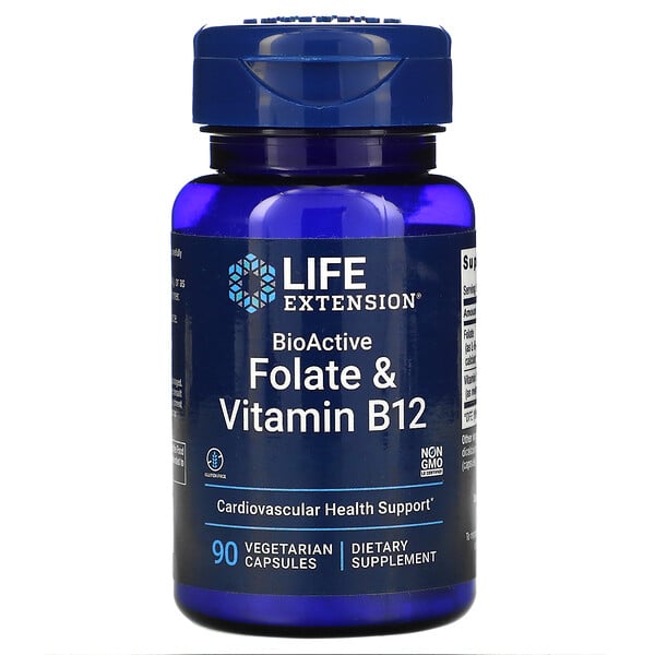 Life Extension, биоактивные фолат и витамин B12, 90 вегетарианских капсул