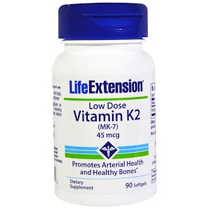 Life Extension, Витамин К2 (МК-7) в низкой дозировке, 45 мкг, 90 мягких желатиновых капсул