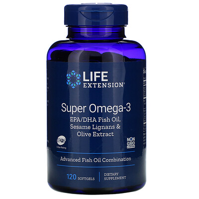 Life Extension супер омега-3 из рыбьего жира с ЭПК и ДГК, с лигнанами кунжута и экстрактом оливы, 120 мягких таблеток