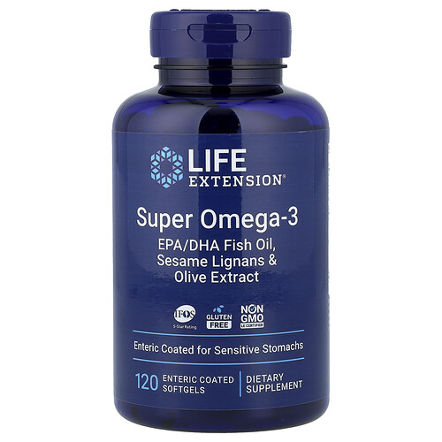 Life Extension スーパーオメガ3 EPA/DHA フィッシュオイル セサミリグナン&オリーブエキス 腸溶性ソフトジェル120粒
