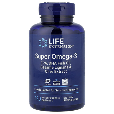Product Image for Life Extension, Super Omega-3, EPA/DHA Fish Oil, Sesame Lignans & Olive Extract, 120 Enteric Coated Softgels