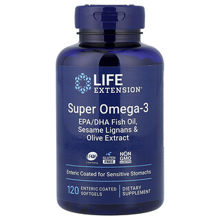 Life Extension, スーパーオメガ3 EPA（エイコサペンタエン酸）／DHA（ドコサヘキサエン酸）フィッシュオイル、ゴマリグナン＆オリーブエキス、120 Enteric Coated Softgels