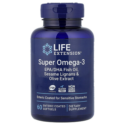 Product Image for Life Extension, Super Omega-3, EPA/DHA Fish Oil, Sesame Lignans & Olive Extract, 60 Enteric Coated Softgels