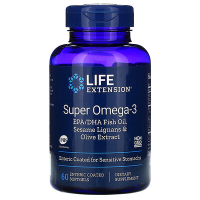 Life Extension Super Omega-3 EPA/DHA Fish Oil, Sesame Lignans & Olive Extract, 60 Enteric Coated Softgels