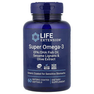 Life Extension, Super Omega-3, рыбий жир с ЭПК и ДГК, лигнанами кунжута и экстрактом оливы, 60 капсул, покрытых кишечнорастворимой оболочкой