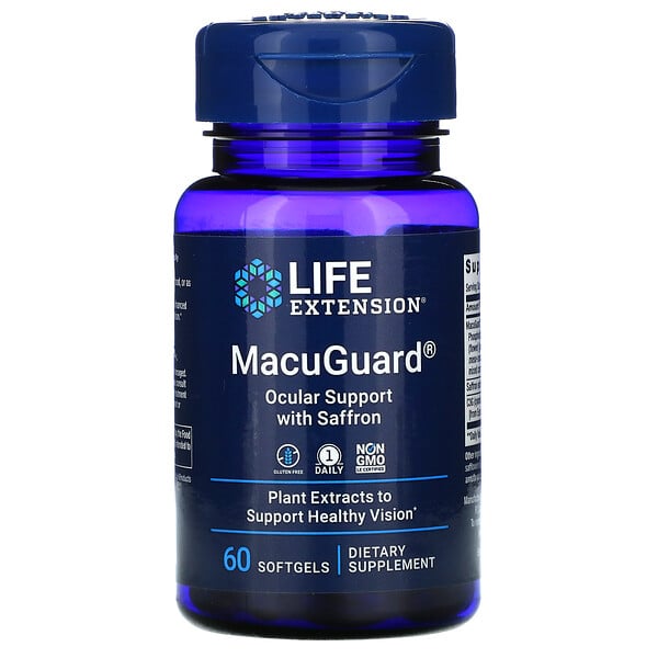 Life Extension, MacuGuard, препарат с шафраном для укрепления зрения, 60 мягких таблеток