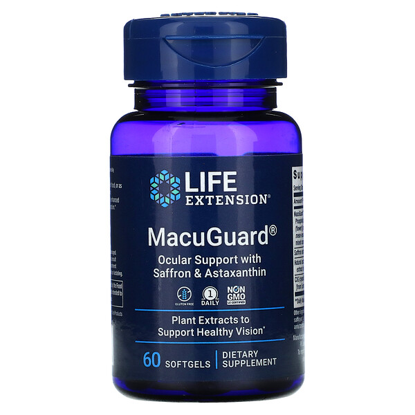 MacuGuard, поддержка зрения с шафраном и астаксантином, 60 капсул