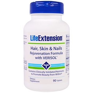 Life Extension, Волосы, кожа и ногти, омолаживающая формула с верисолом, 90 таблеток