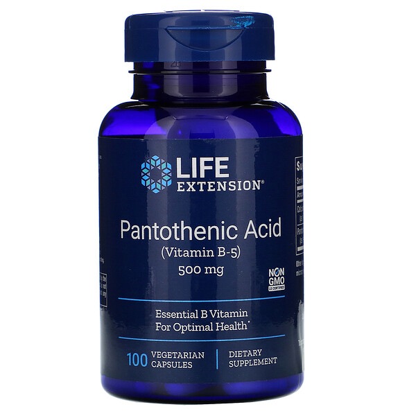 Life Extension, пантотеновая кислота (витамин B5), 500 мг, 100 вегетарианских капсул