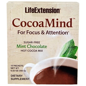 Life Extension, CocoaMind, шоколад с мятой, 14 пакетов, 6,52 унц. (185 г)