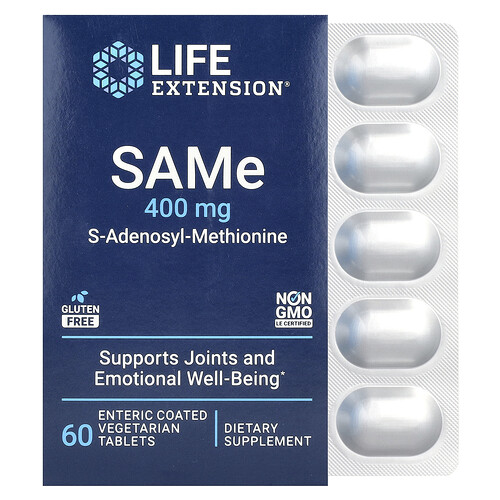 Life Extension, SAMe, S-Adenosyl-Methionine, SAMe, S-Adenosyl-Methionin, 400 mg, 60 magensaftresistente vegetarische Tabletten