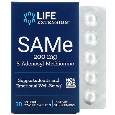 

Life Extension SAMe, S-аденозил-метионин, 200 мг, 30 таблеток, покрытых кишечнорастворимой оболочкой