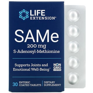 Life Extension, SAMe, S-Adenosilmetionina, 200 mg, 30 Comprimidos com Revestimento Entérico