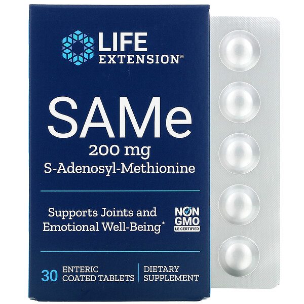 Life Extension, SAMe, S-аденозил-метионин, 200 мг, 30 таблеток, покрытых кишечнорастворимой оболочкой