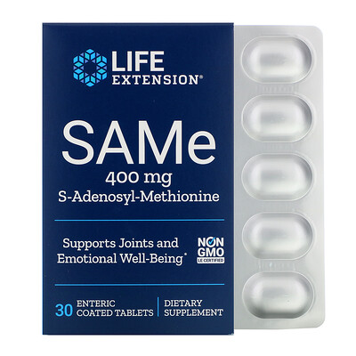 Life Extension SAMe, S-аденозил-метионин, 400 мг, 30 таблеток, покрытых кишечнорастворимой оболочкой
