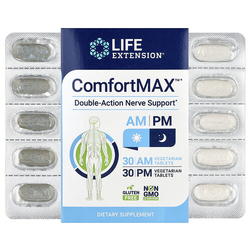 Life Extension ComfortMAX™, Double-Action Nerve Support, For AM & PM, 60 Vegetarian Tablets