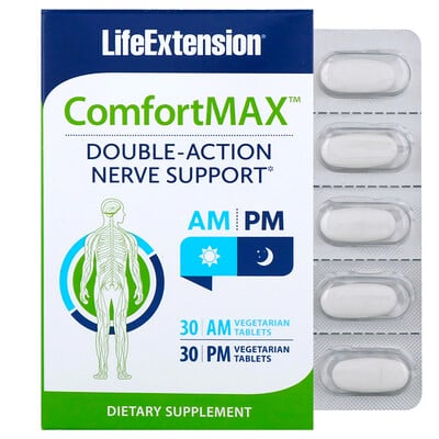 Life Extension ComfortMAX, поддержка нервов двойного действия, для приема утром и вечером, 30 вегетарианских таблеток каждая