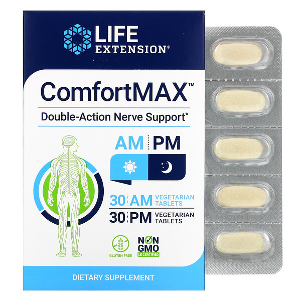 Life Extension‏, ComfortMAX، مزدوج المفعول لدعم الأعصاب، صباحًا ومساءً، 60 قرص نباتي 