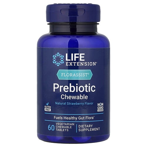 Life Extension Florassist®, Prebiotic Chewable, Natural Strawberry, 60 Vegetarian Chewable Tablets (1,400 mg per Tablet)