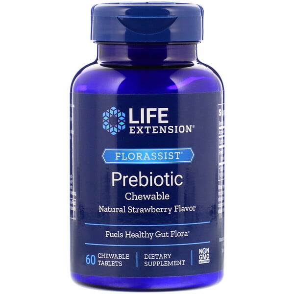 Life Extension, FLORASSIST Prebiotic Chewable, с натуральным клубничным вкусом, 60 жевательных таблеток