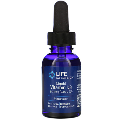 Life Extension Жидкий витамин D3, со вкусом мяты, 2000 МЕ, 29,57 мл (1 жидк. унция)