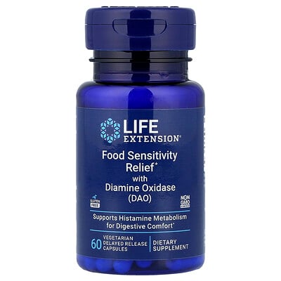 Product Image for Life Extension, Food Sensitivity Relief with Diamine Oxidase (DAO), 60 Vegetarian Delayed Release Capsules (4.3 mg per Capsule)