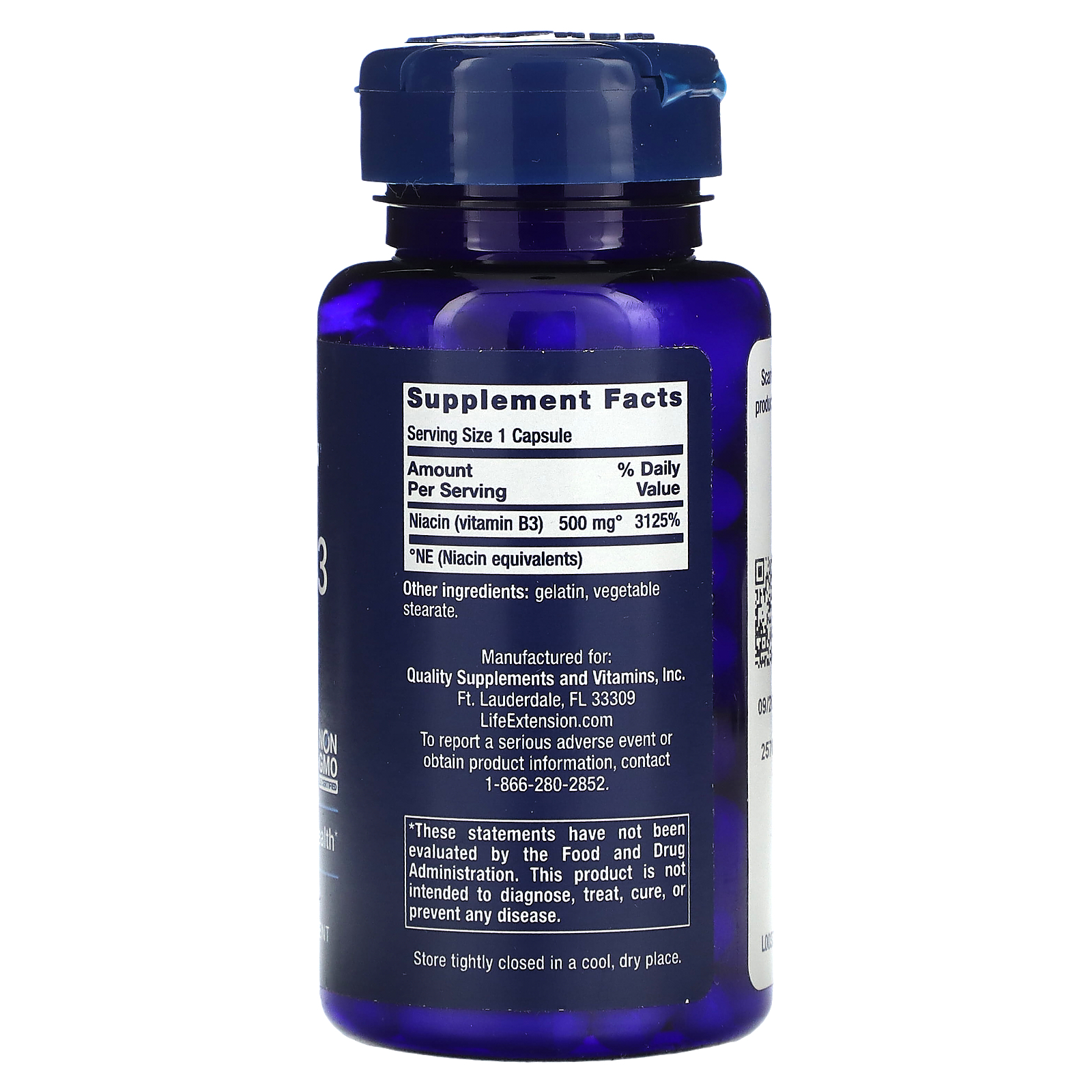 Life Extension, ビタミンB3ナイアシン、500 mg、100カプセル