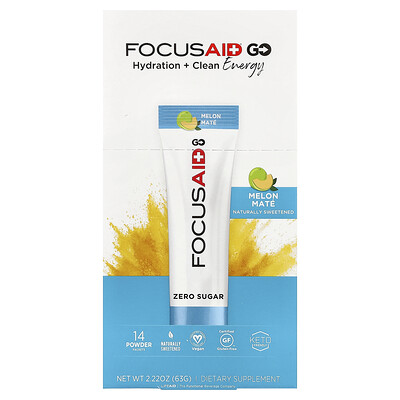 FITAID, FocusAid® Go, Hidratación y energía limpia, Yerba mate de melón, 14 sobres de polvo, 4,5 g (0,16 oz) cada uno