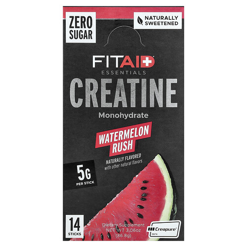 FITAID, Essentials, Creatine Monohydrate, Kreatinmonohydrat, Watermelon Rush, 14 Sticks, je 6,2 g (0,22 oz.).