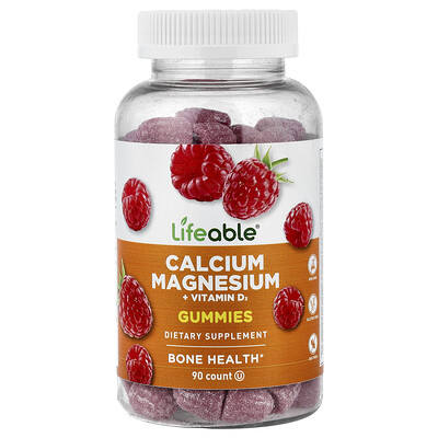 Lifeable, Gomitas de calcio y magnesio con vitamina D3, Frambuesa, 90 gomitas