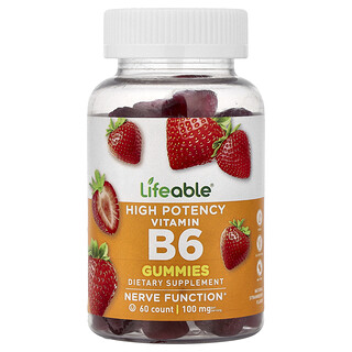 Lifeable, Vitamin B6 Gummies, High Potency, Vitamin-B6-Fruchtgummis, natürliche Erdbeere, 60 Fruchtgummis (50 mg pro Fruchtgummi)