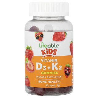 Lifeable, Kids' Vitamin D3 + K2 Gummies, Natural Strawberry, 60 Gummies
