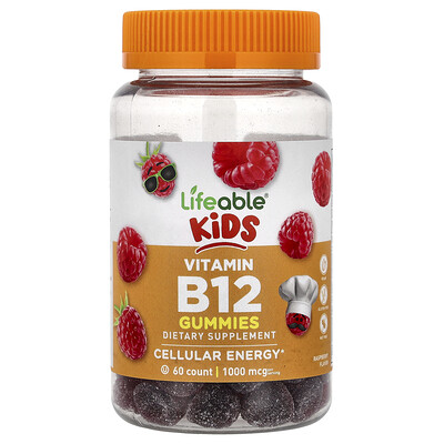 Lifeable, Gomitas con vitamina B12 para niños, Frambuesa natural, 60 gomitas (500 mg por gomita)