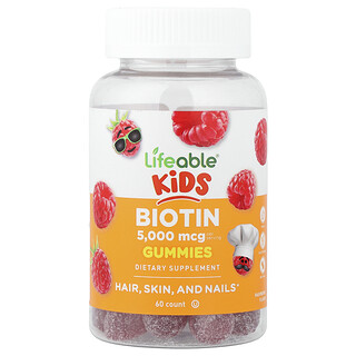 Lifeable, Barn, biotin-vingummier, bringebær, 60 gummier (2500 mcg per gummi)