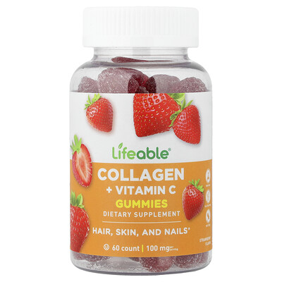 Lifeable, Gomitas con colágeno y vitamina C, Fresa natural, 60 gomitas