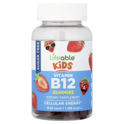 Lifeable, Gomitas con vitamina B12 para niños, Sin azúcar, Fresa natural, 60 gomitas (500 mcg por gomita)