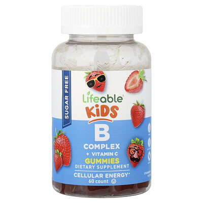 Lifeable, Gomitas con un complejo de vitaminas B y vitamina C para niños, Sin azúcar, Fresa natural, 60 gomitas