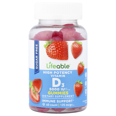 Product Image for Lifeable, High Potency Vitamin D3 Gummies, Strawberry, 125 mcg (5,000 IU), 60 Gummies